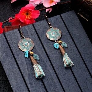 Bohemian tassel antiqued patina dangle earrings